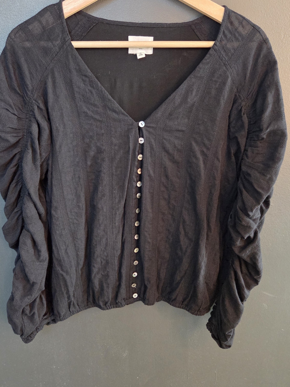 Cami NYC The Gia Ruched-Sleeve Button-Front V-Neck Top Black